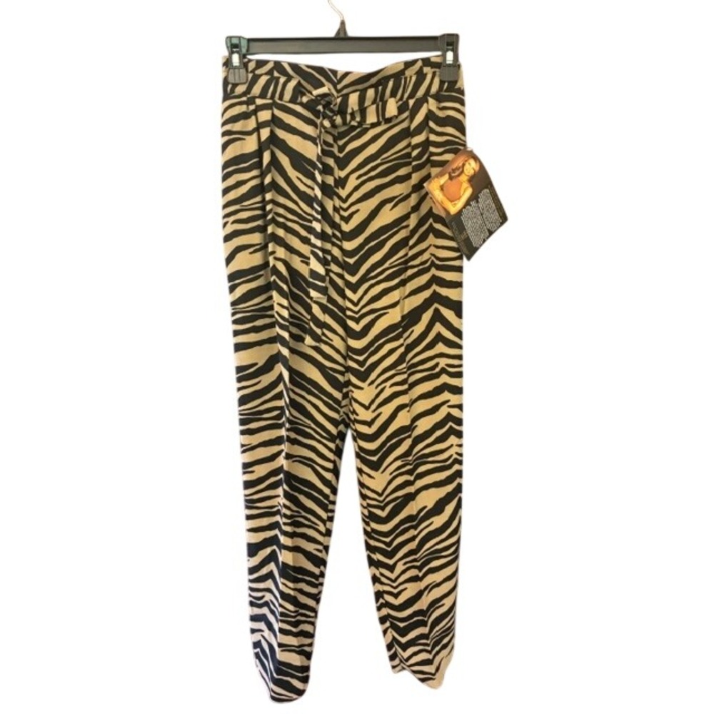 IMAN Zebra Print Pants Women XS NEW Animal Print Paperbag Waist Belted Tapered